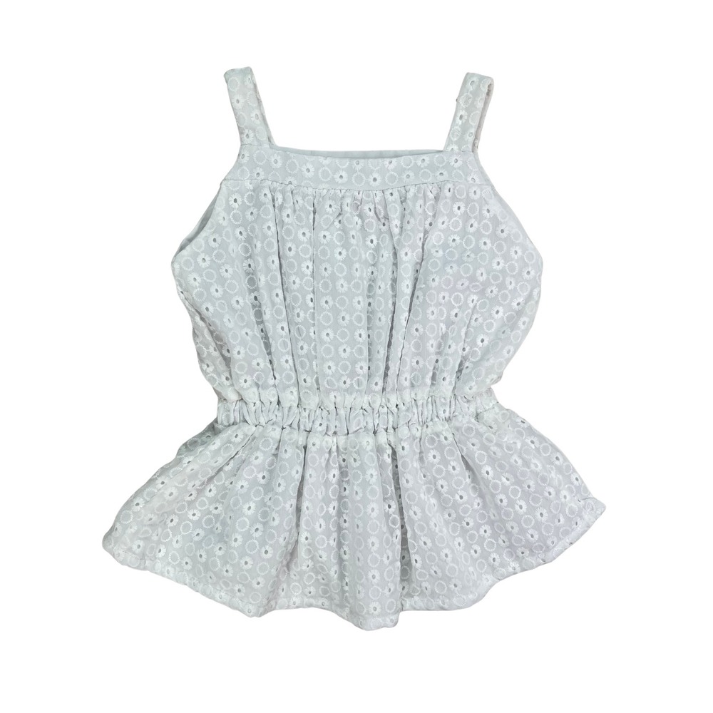 Girls White Eyelet Tank Peplum Elastic Waist Square Neck Top Dainty Cottage Boho
